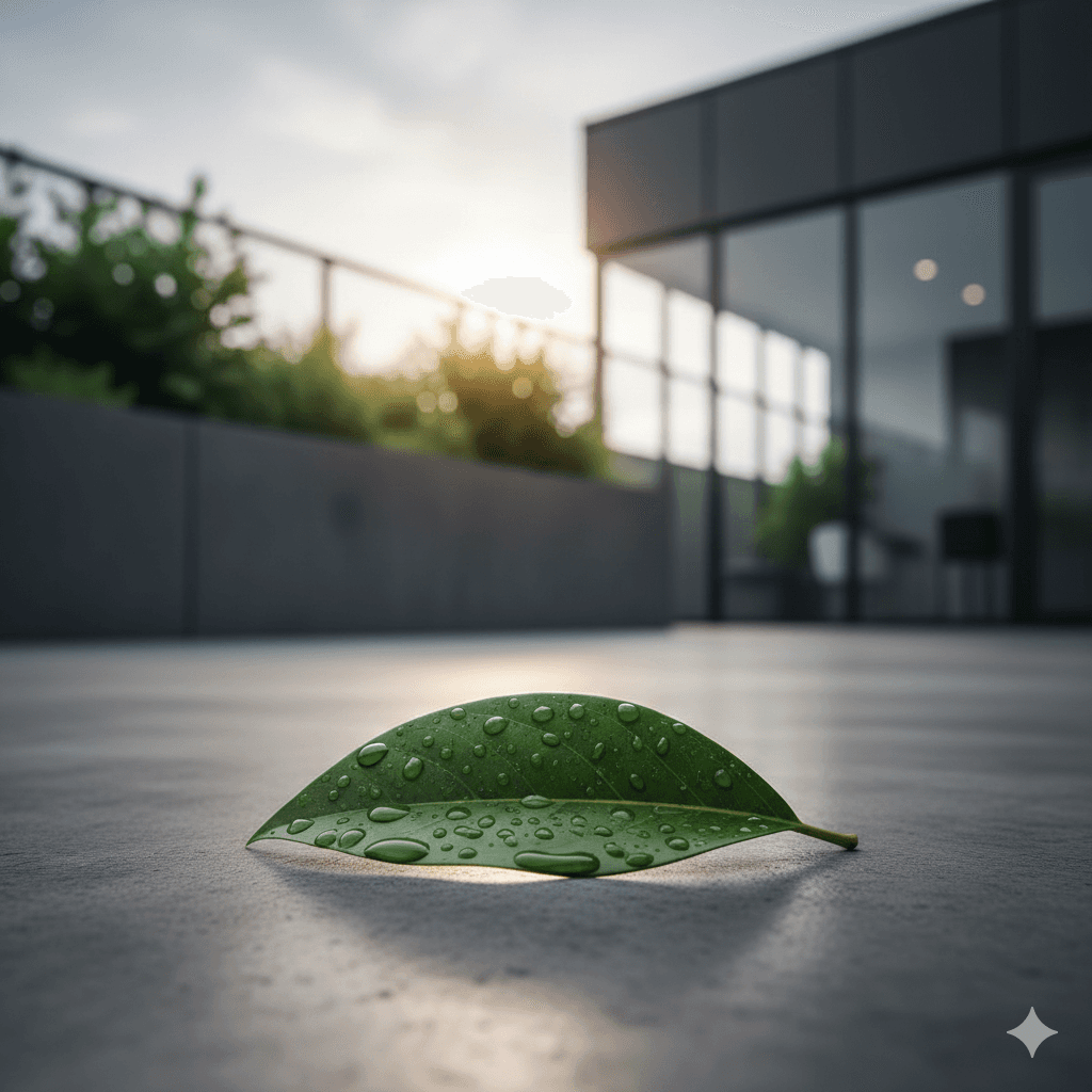 Green leaf with water droplets on a modern sustainable building terrace in Sector 114