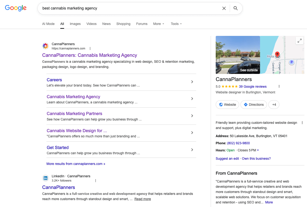 Google Search for Best Cannabis Marketing Agency - Results show CannaPlanners