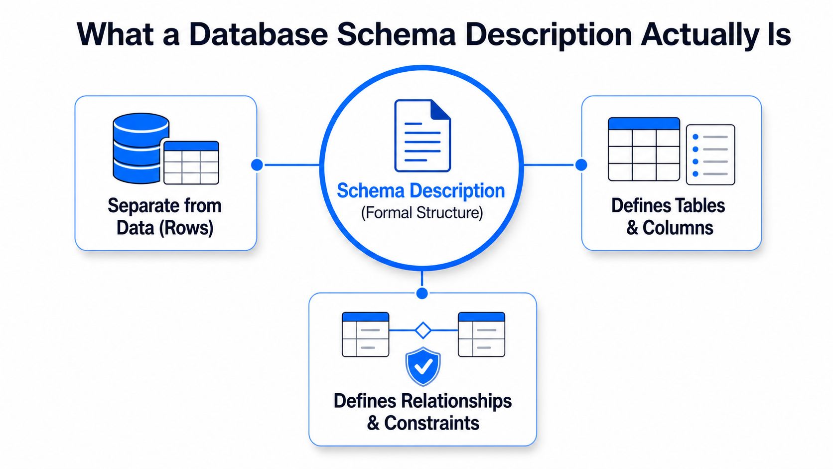 A diagram explaining database schema, highlighting that it is separate from data, defines tables, columns, relationships, and constraints.