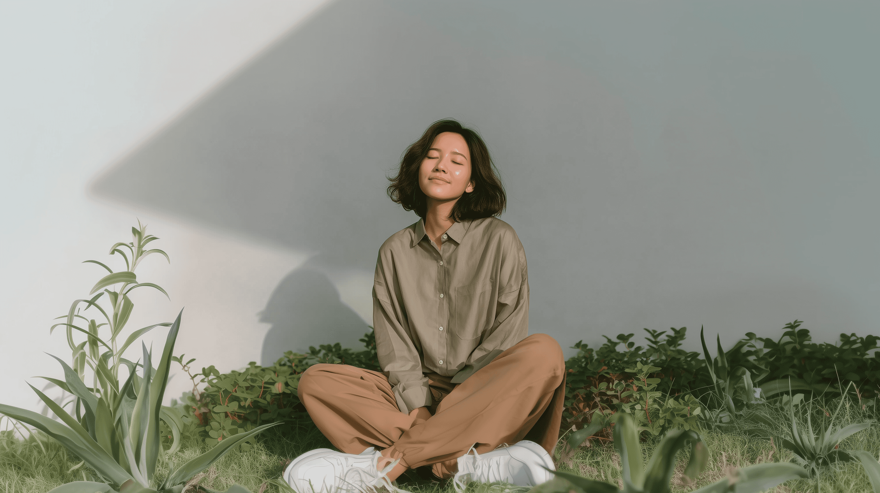 Woman sitting cross legged meditating in a mindfulness vibe