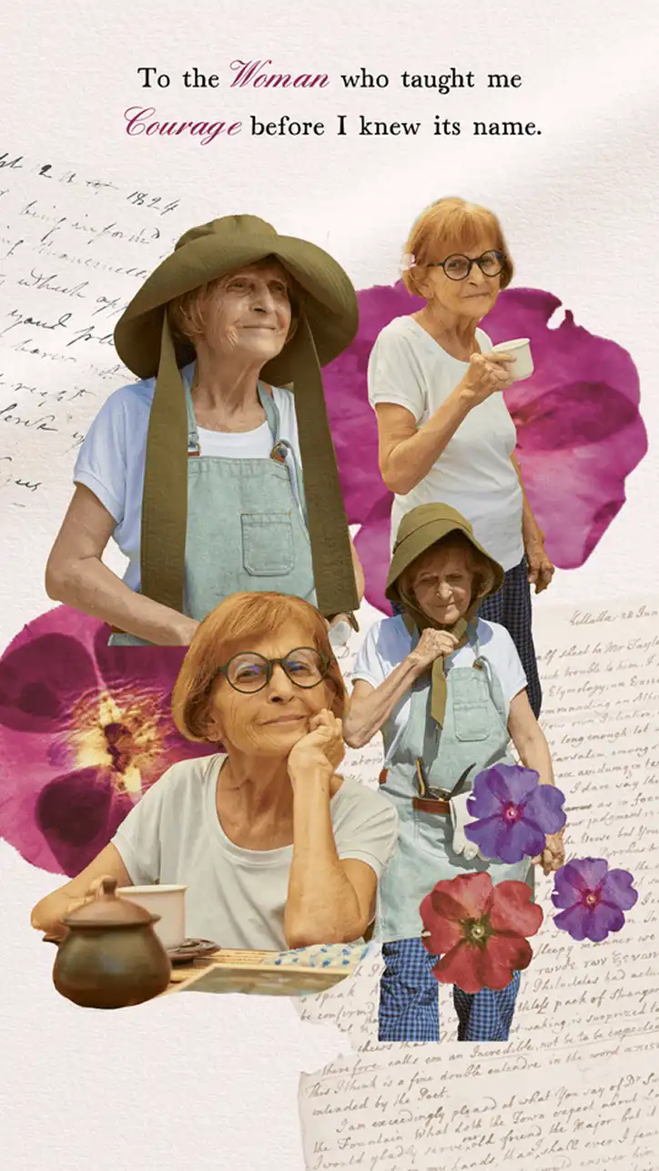 Mother's Day card template honoring courage with vintage photos of a grandmother and floral accents