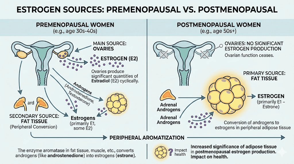 Estrogen production comparison premenopausal vs postmenopausal women