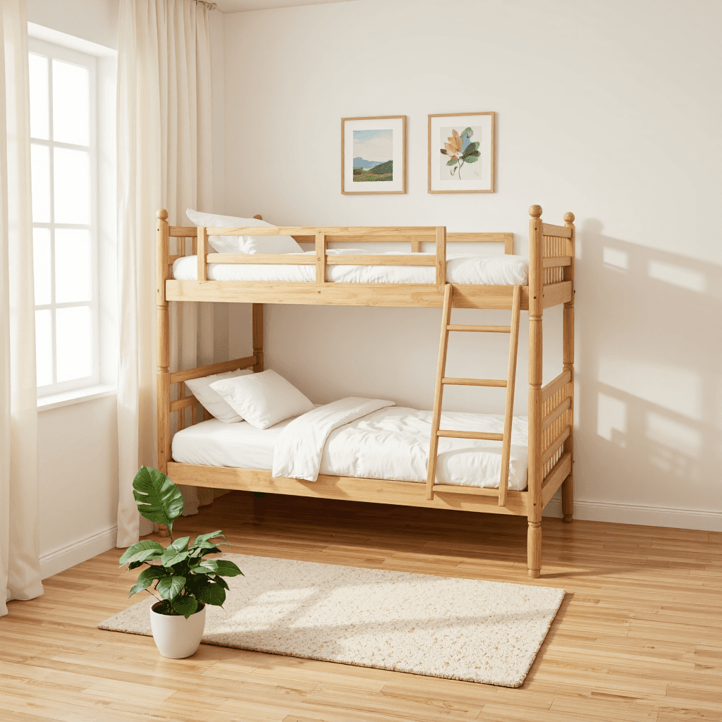 product photography of bunk bed with a ladder and mattresses