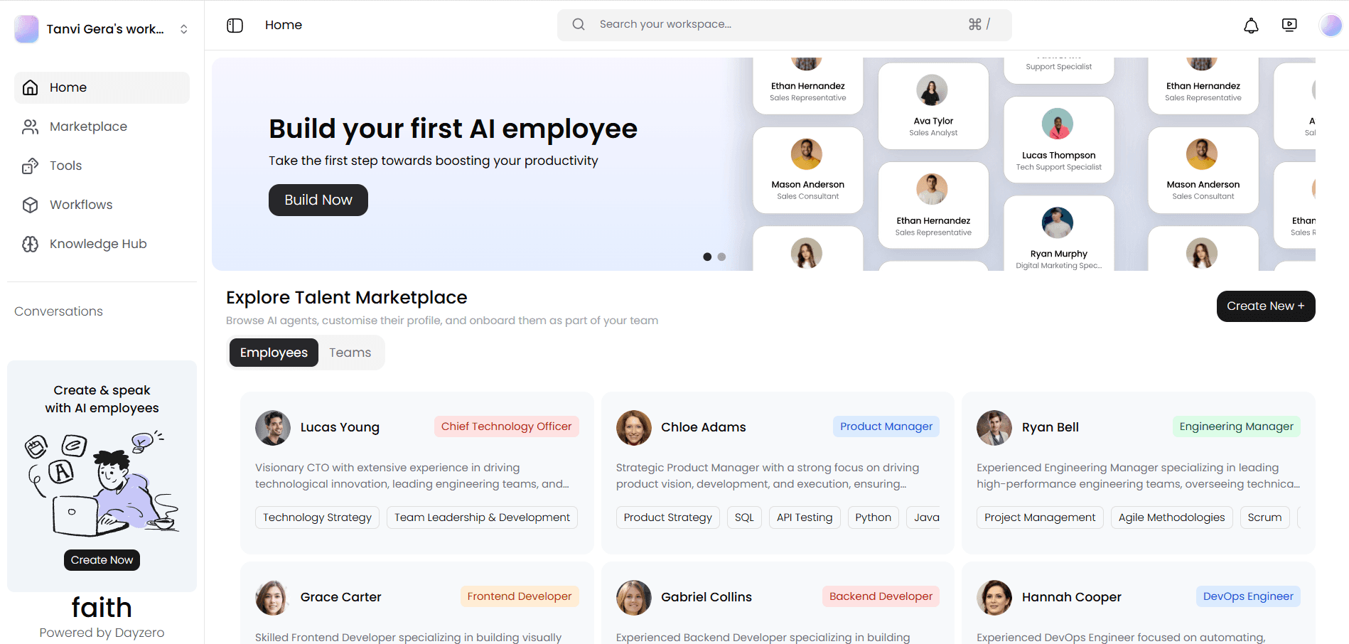 Faith dashboard home: sidebar with Home, Marketplace, Tools, Workflows and Knowledge Hub; a 'Build your first AI employee' banner with a Build Now button; and an Explore Talent Marketplace grid of employee cards
