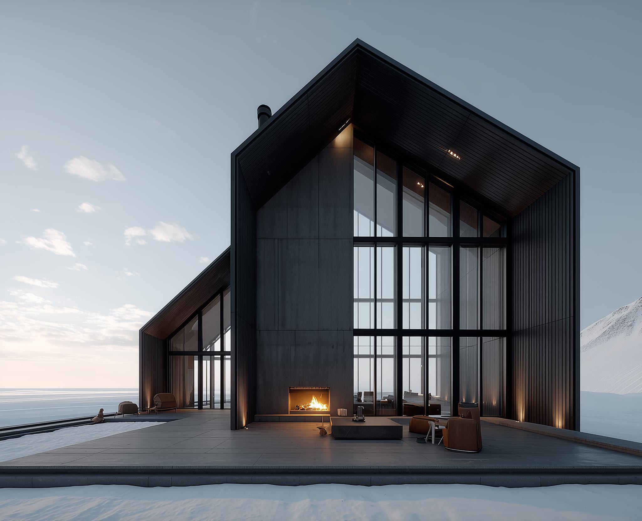 Exterior view of timber façade covered in frost, soft morning light through overcast sky.