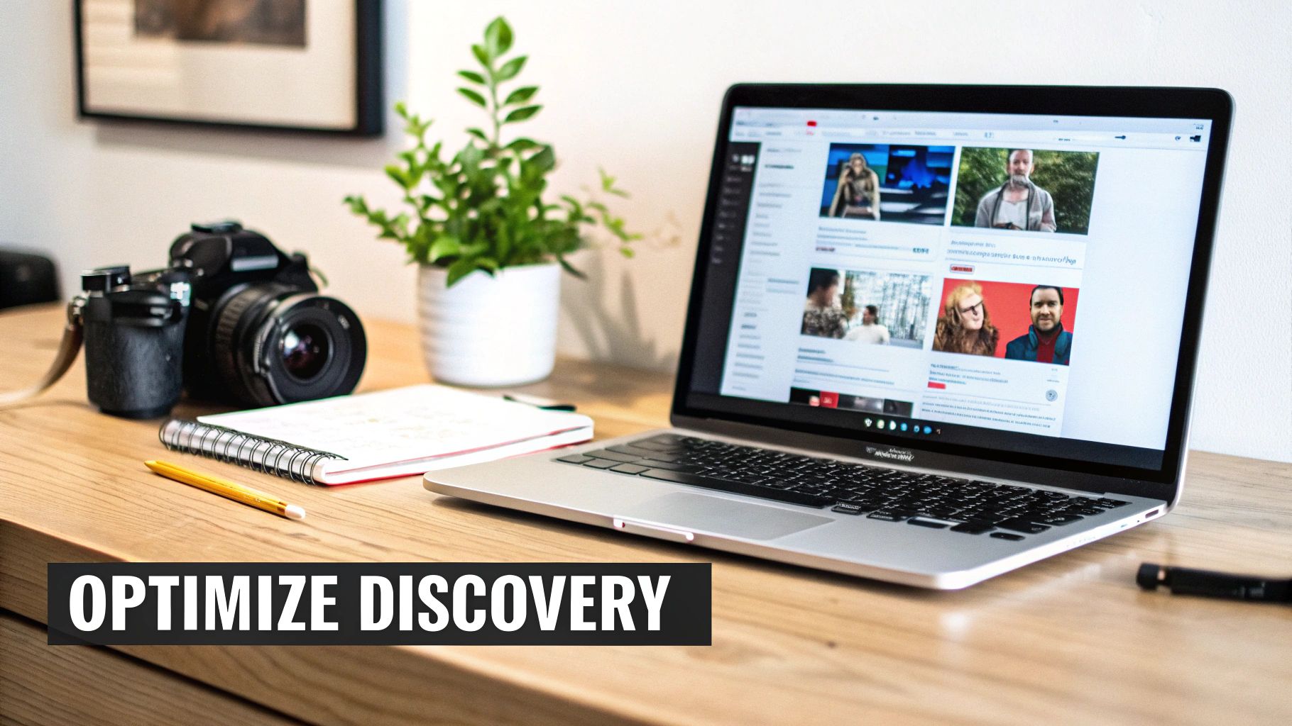 An organized creative workspace featuring a DSLR camera, a plant, and a laptop displaying media content.