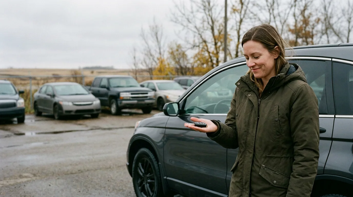 A woman holding the keys to her used SUV on a Winnipeg car lot on an overcast autumn day