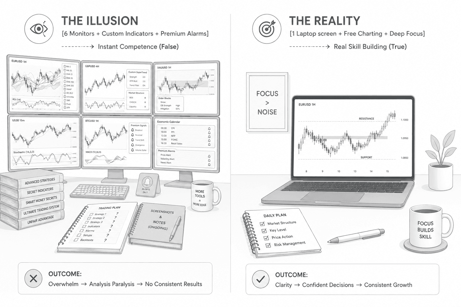 People think you need tons of money, a six monitor setup, books, paid courses, all to learn to trade. All you need is a laptop, free charting software, and focus.