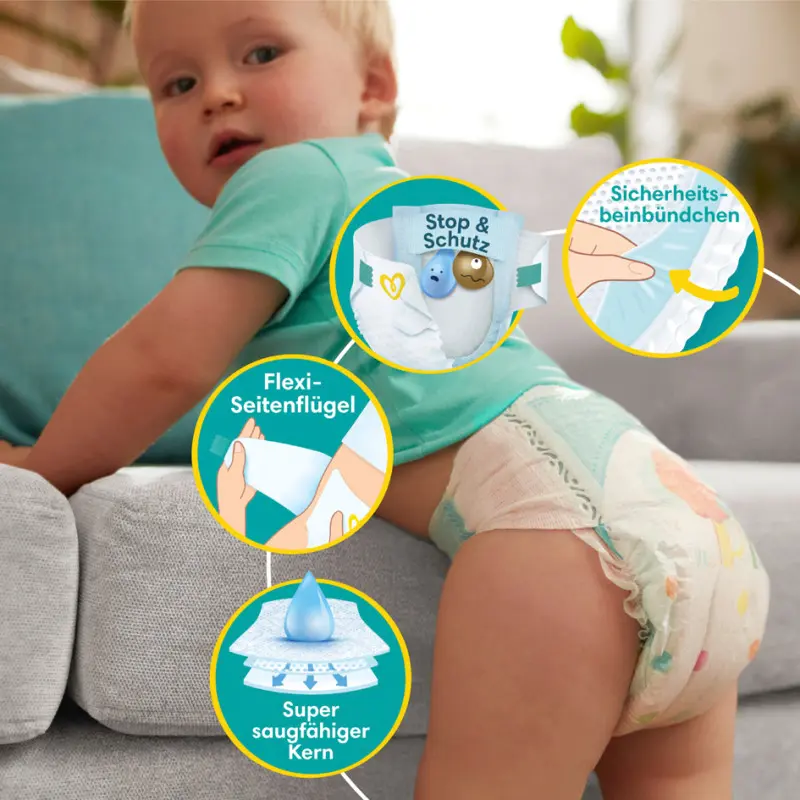 bébé portant une couche Pampers, maqrei proposée par la Pharmacie D'Ecquevilly