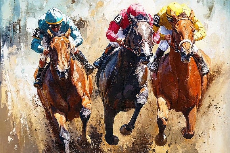 Painting of 3 jockeys in teal, red, and yellow silks riding thoroughbreds side by side at full gallop, with churned dirt 