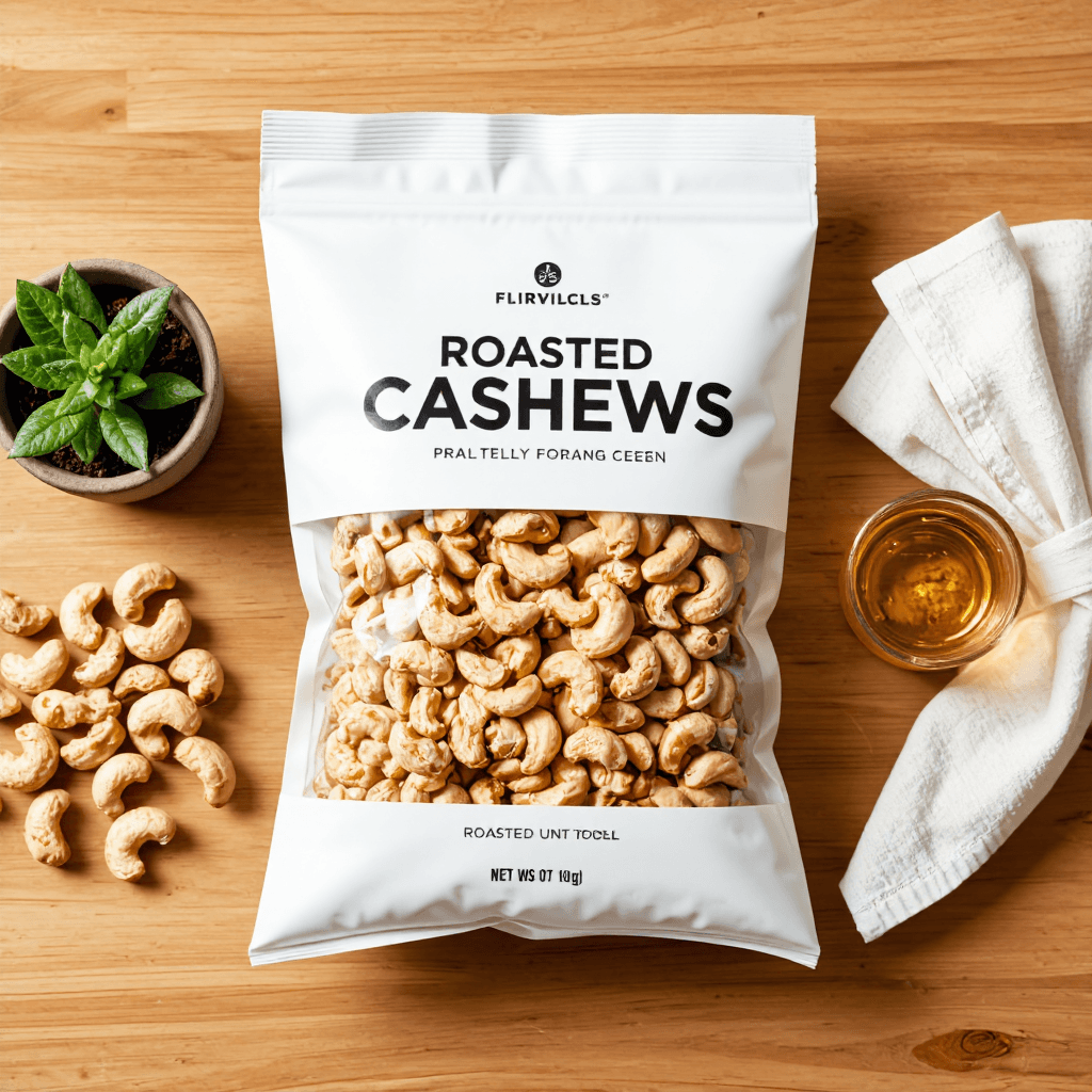 product photography of bag of roasted cashews