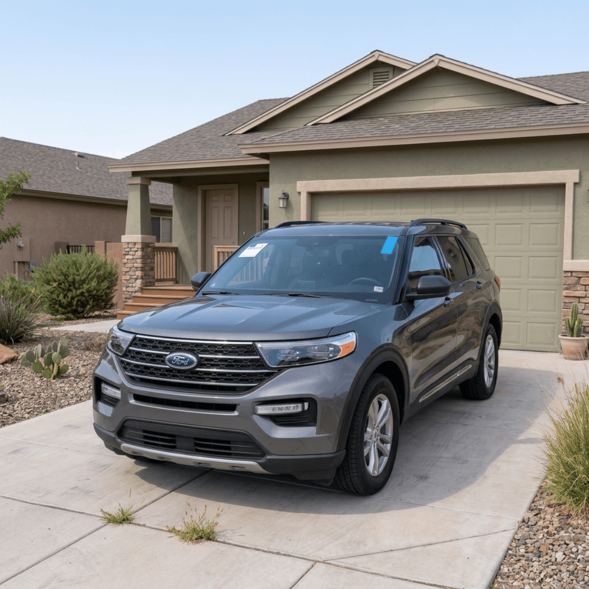 Dark gray Ford Explorer navigating Safford streets with a freshly replaced windshield from Bang AutoGlass