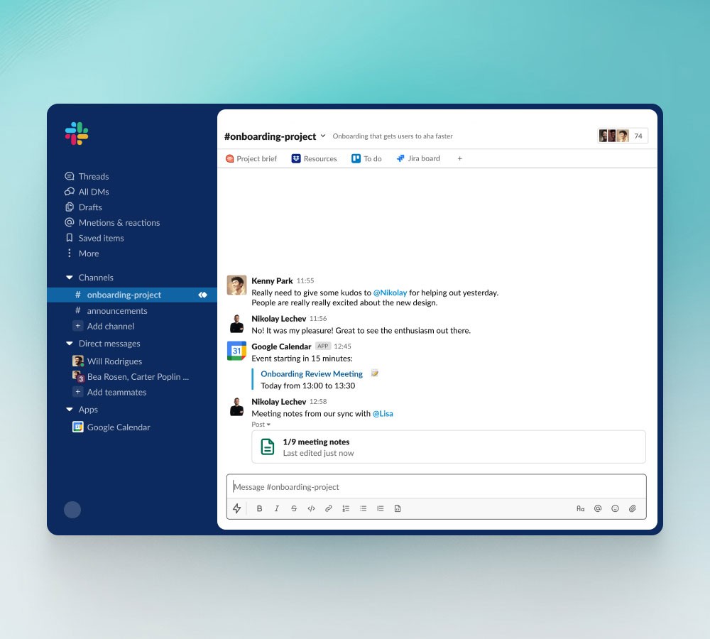 Async collaboration in Slack during onboarding sprint review