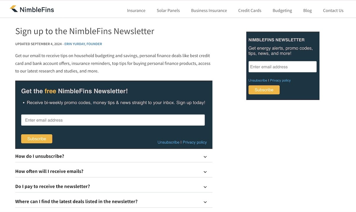 NimbleFins email signup form