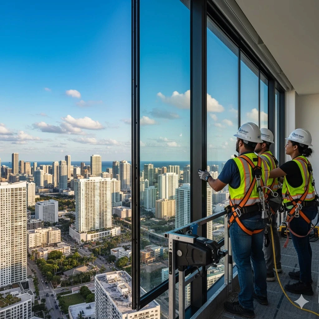 Impact window installation in downtown high-rise