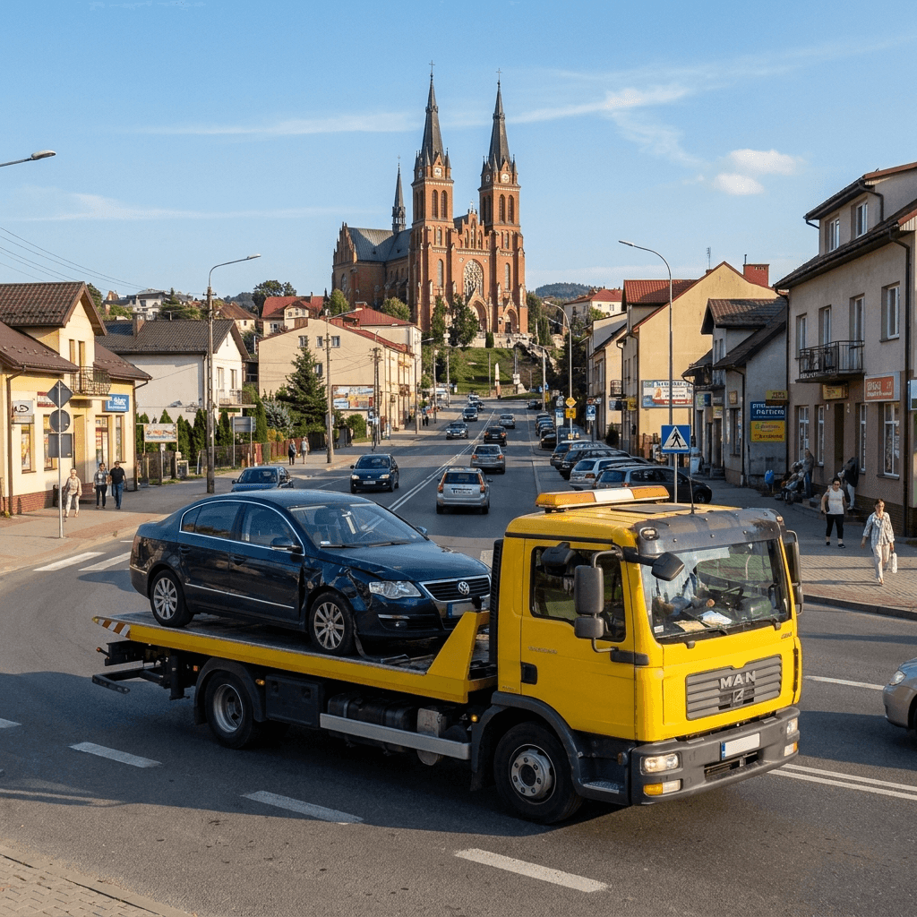 droga E77 w Limanowej z widokiem na bazylikę