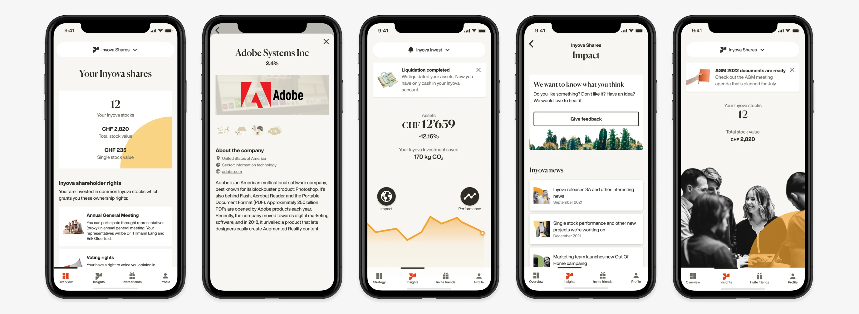 Selection of Inyova mobile app screens showing UI patterns across the product.