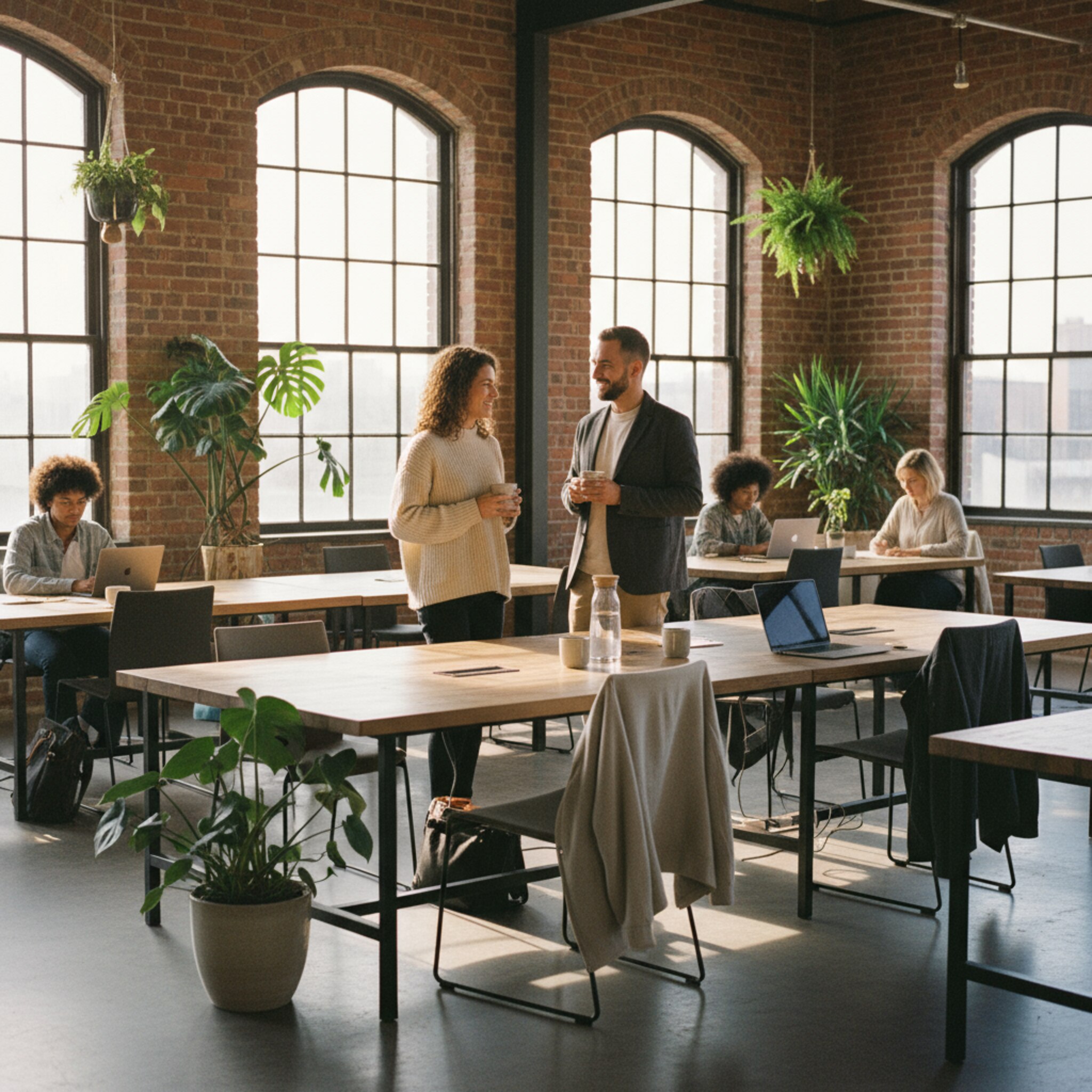 Morgensonne fällt durch hohe Fabrikfenster auf lange Holztische in einem offenen Coworking-Bereich. Grünpflanzen lockern die Szene auf, Jacken hängen über Stuhllehnen, zwei Personen begrüßen sich mit Kaffeebechern. Die Atmosphäre wirkt ruhig, konzentriert und einladend, bereit für einen produktiven Start in den Tag.