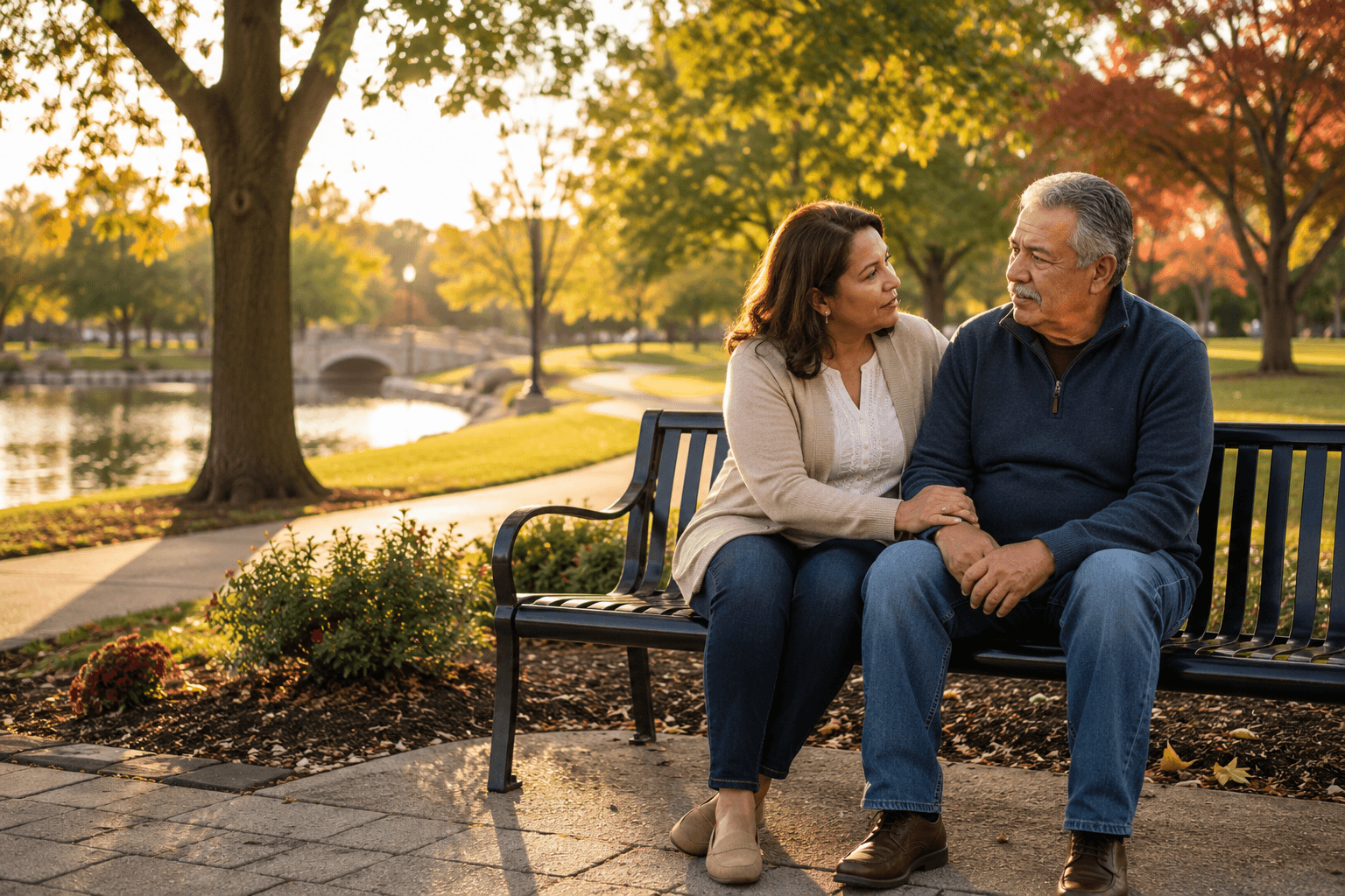 adult daughter sitting on bench with father.