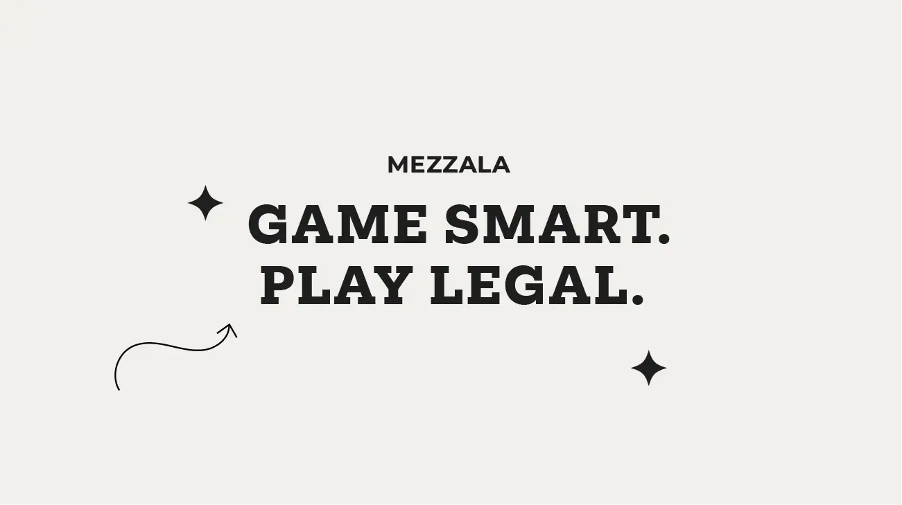 "Game Smart. Play Legal." text in bold black serif and sans-serif typography on an off-white background with minimalist sparkles and arrow