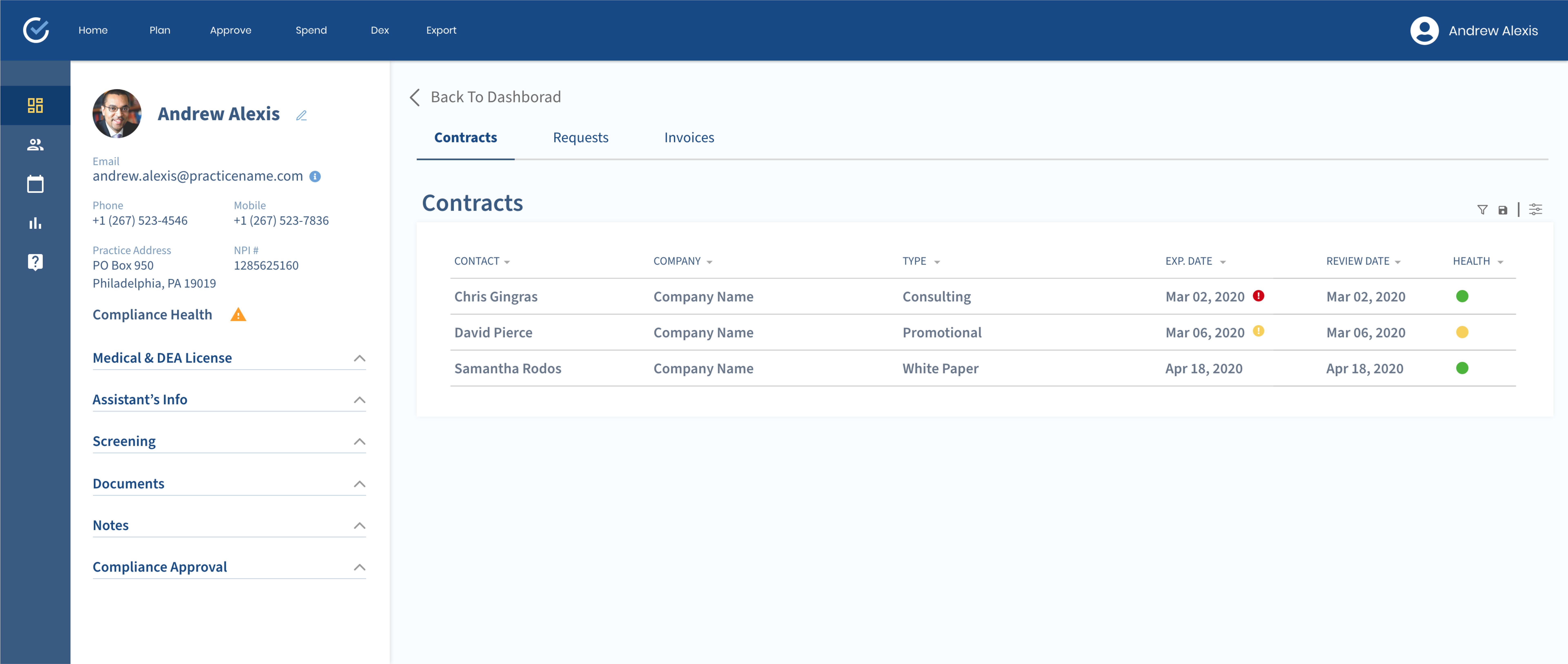UI design of medical compiance web app's contract list screen.