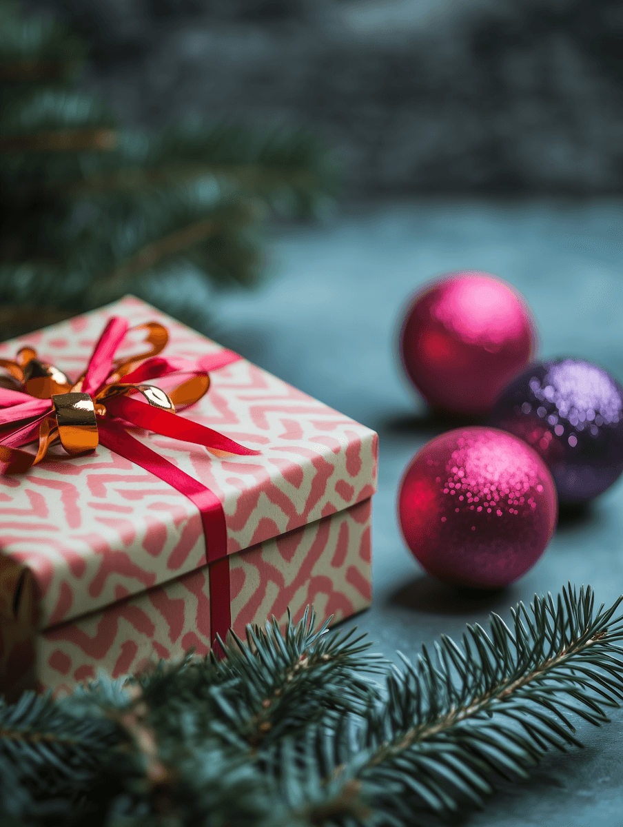 Festive scene featuring a wrapped gift in patterned paper with a red ribbon, surrounded by fir branches and sparkling pink ornaments, conveying holiday cheer.