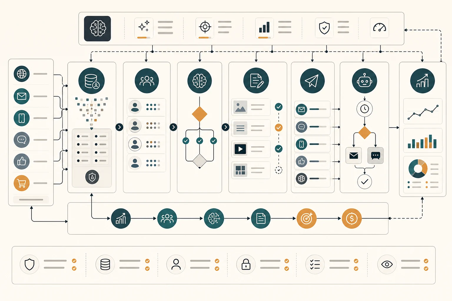 Marketing system map connecting channels data and follow up