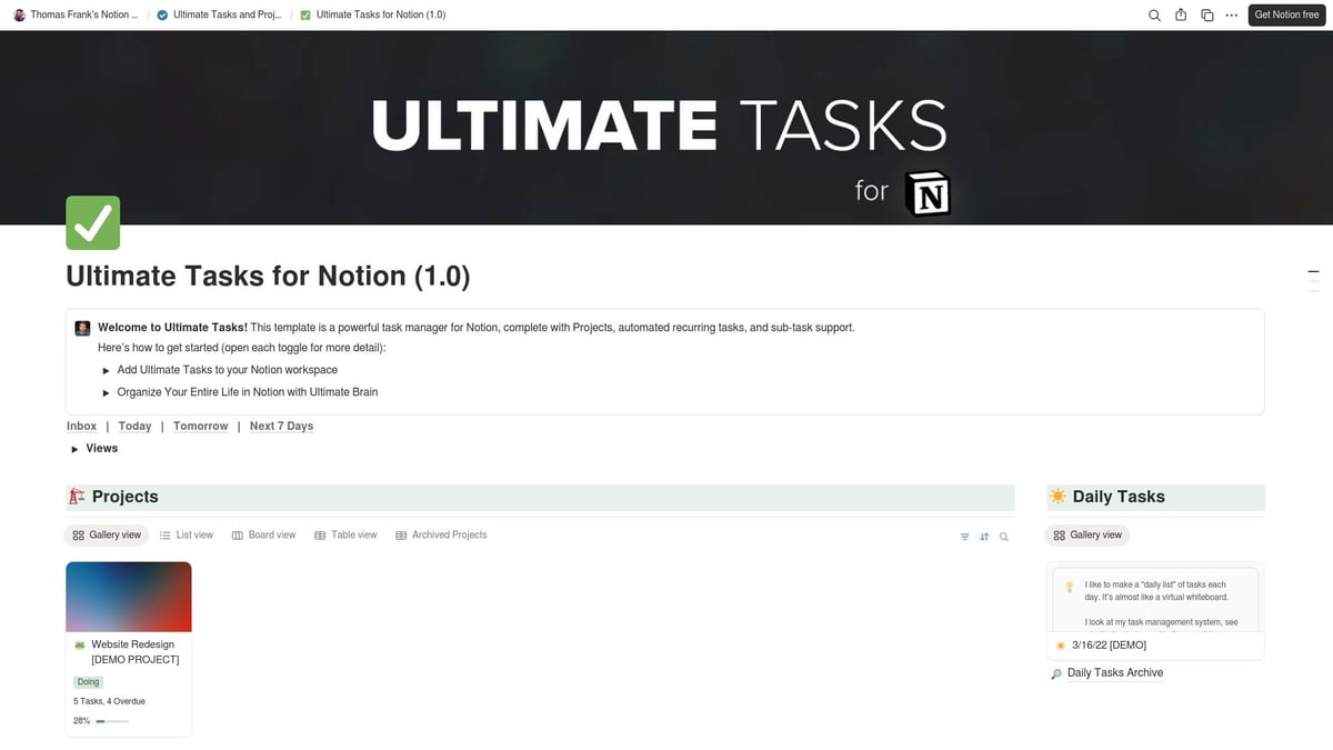 12 Notion Free Templates to Supercharge Your Workflow in 2025 - Tasks & Project Management by Thomas Frank