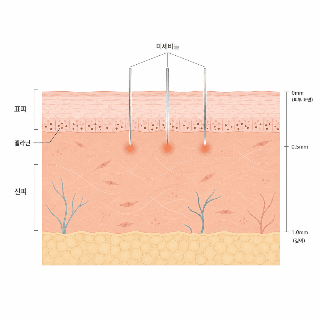 표피의 멜라닌과 미세바늘이 닿는 깊이