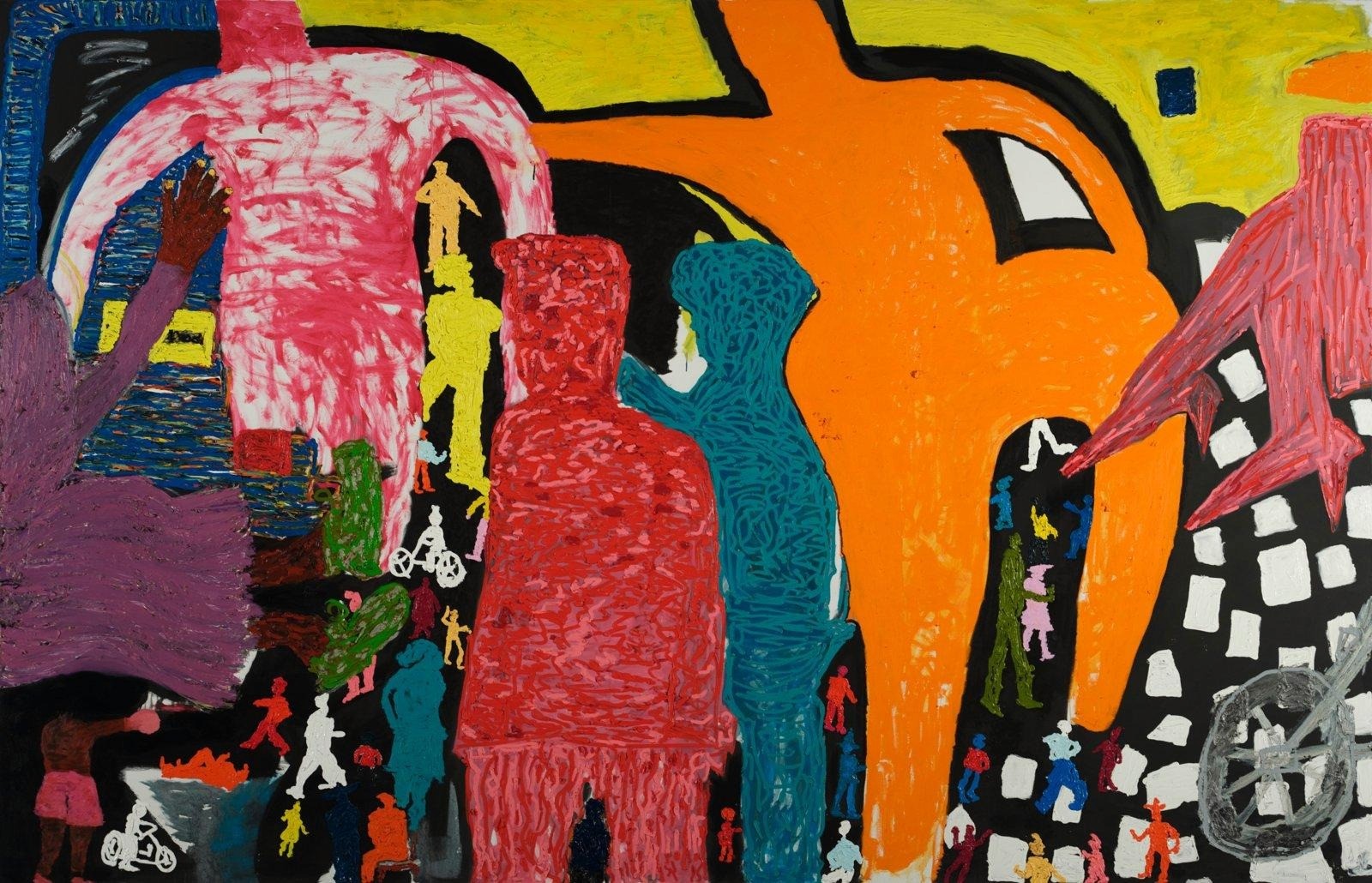 Gabriel Selassie Tsagli, Rave, 2026, Pastel, wall colour and oil on canvas, 240 x 360 cm. Courtesy of the Artist and Gallery 1957. Photo Nii Odzenma