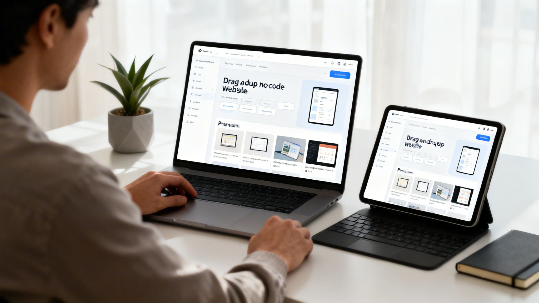 A person works on a laptop and tablet, both displaying a 'no code website' builder interface with templates.