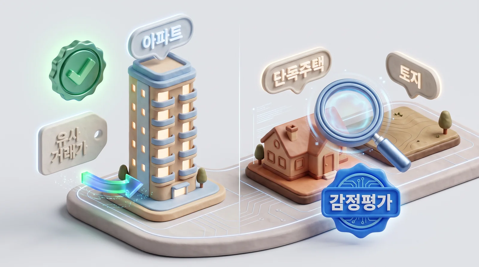 아파트는 유사 거래가로, 단독주택과 토지는 감정평가로 평가하는 구분 도해