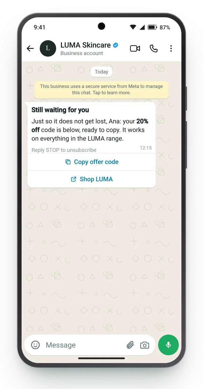 A reminder that it is still there: WhatsApp coupon code message on an Android phone