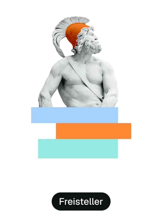 Antike Statue mit farbigen Balken und Label „Freisteller“
