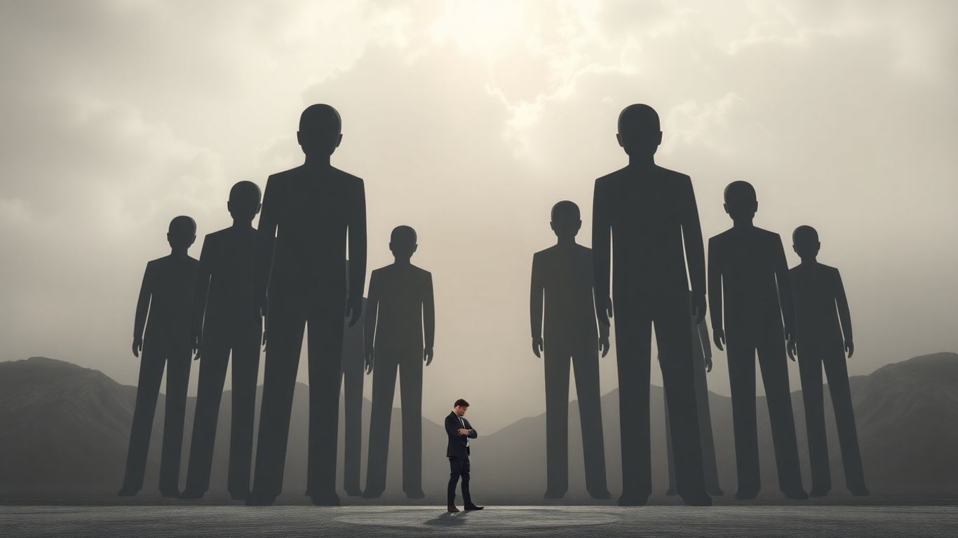 Business owner overwhelmed by successful peer figures.