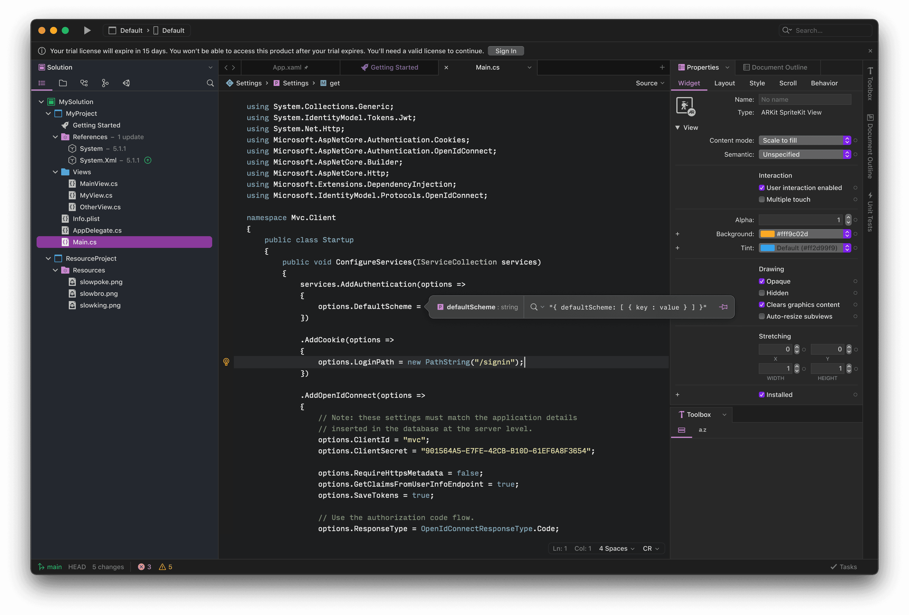 Screenshot of Visual Studio for Mac 17 interface when running in the dark theme, displaying C# code for ASP.NET Core application startup configuration, File Explorer on the left, and Properties Panel on the right.