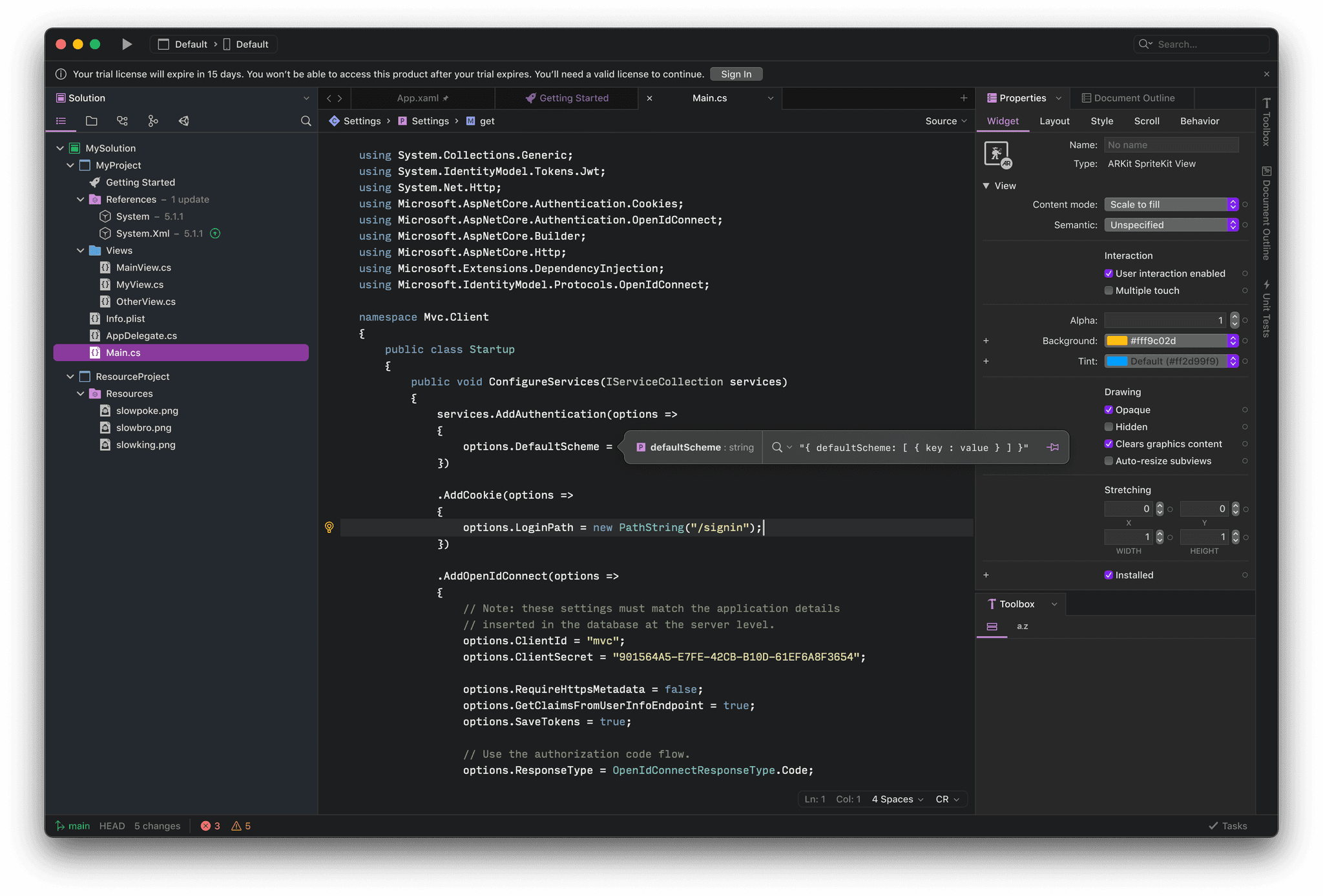 Screenshot of Visual Studio for Mac 17 interface when running in the dark theme, displaying C# code for ASP.NET Core application startup configuration, File Explorer on the left, and Properties Panel on the right.