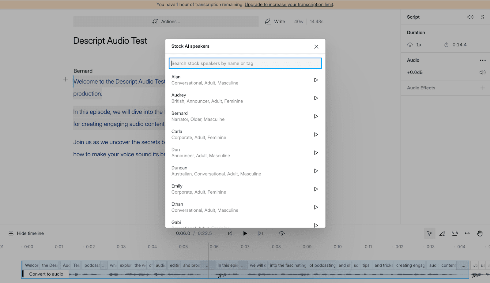 Descript AI voice selection page