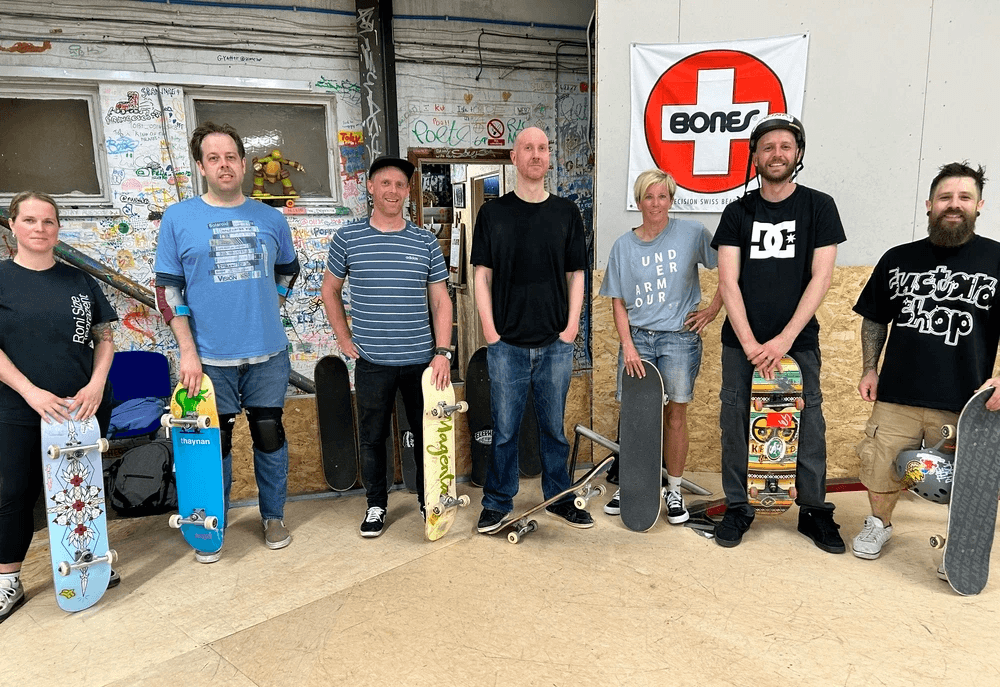 Over 30s skatboarding at the Skate Farm