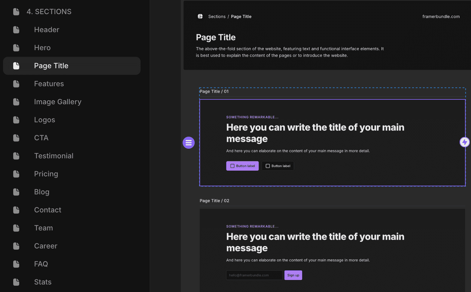 Ready made page title sections in Simple Frames wireframing system.