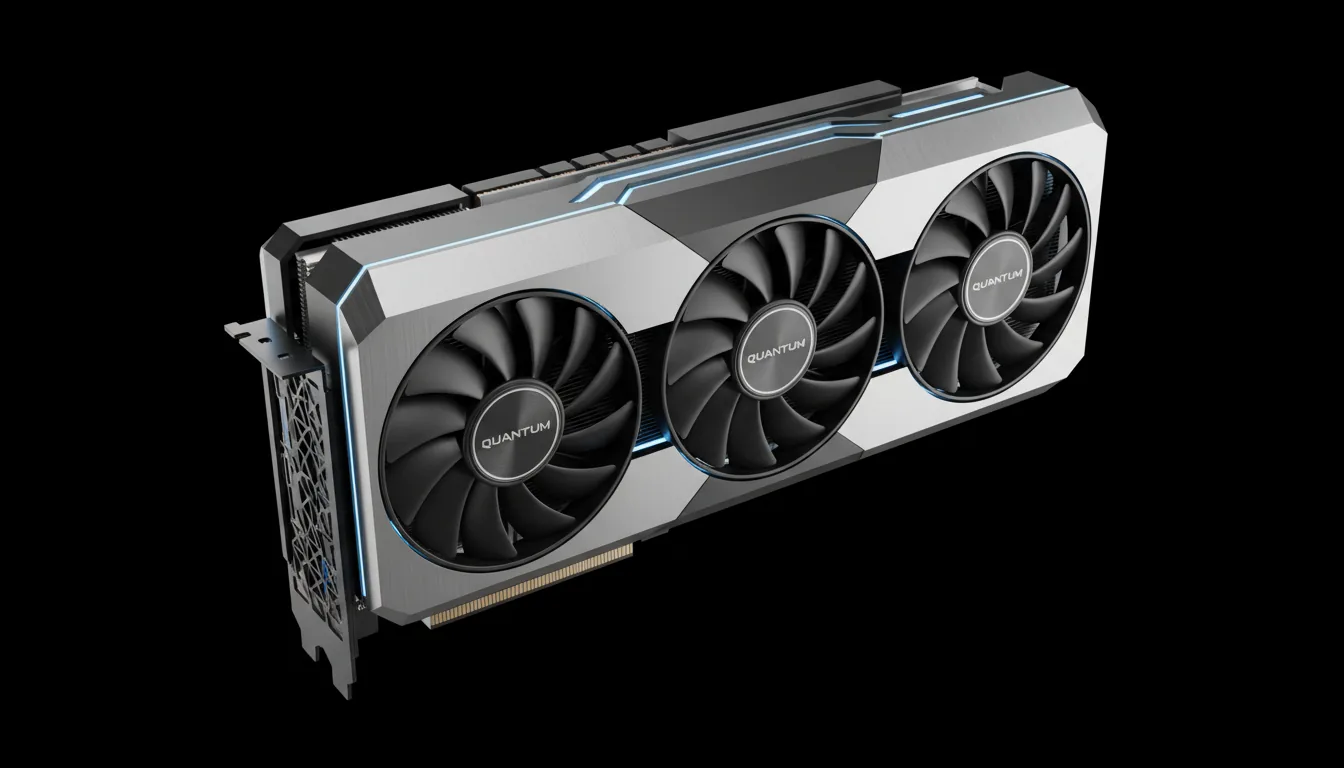 A professional product shot of a computer GPU, 3D render. The graphics card is isolated on a pure black background, viewed from a high-angle three-quarters perspective. Its design is futuristic and angular, featuring a faceted shroud with matte black and brushed silver metallic textures. Lit with soft studio lighting that creates sharp, clean highlights on the metallic edges, emphasizing the industrial design. The overall aesthetic is clean, sharp, and photorealistic, Blender style.