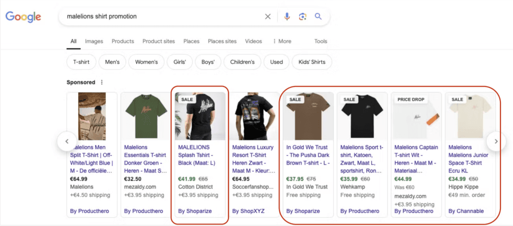 Google-Shopping-Ergebnisse für Malelions-Shirts mit Sale- und Preissenkungs-Labels aus einem Promotions-Feed