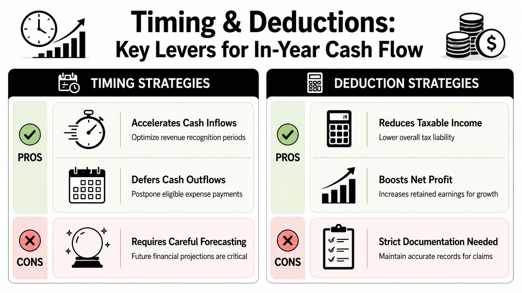 A chart illustrating timing and deduction strategies as key levers for improving in-year business cash flow.