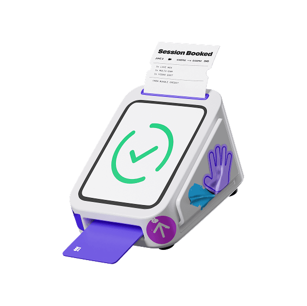Illustration of a digital device displaying a checkmark, indicating a session booking confirmation. 