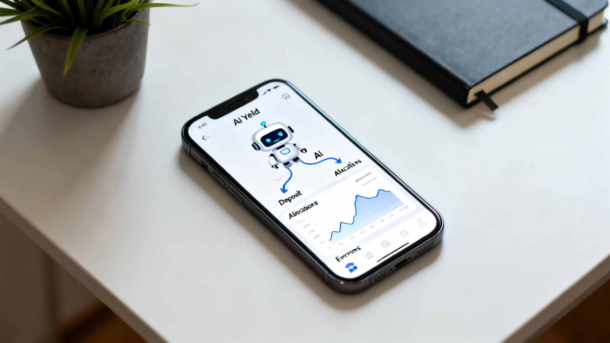 An iPhone on a white desk displays an 'AI Yield' app with a robot, graph, plant, and notebook.