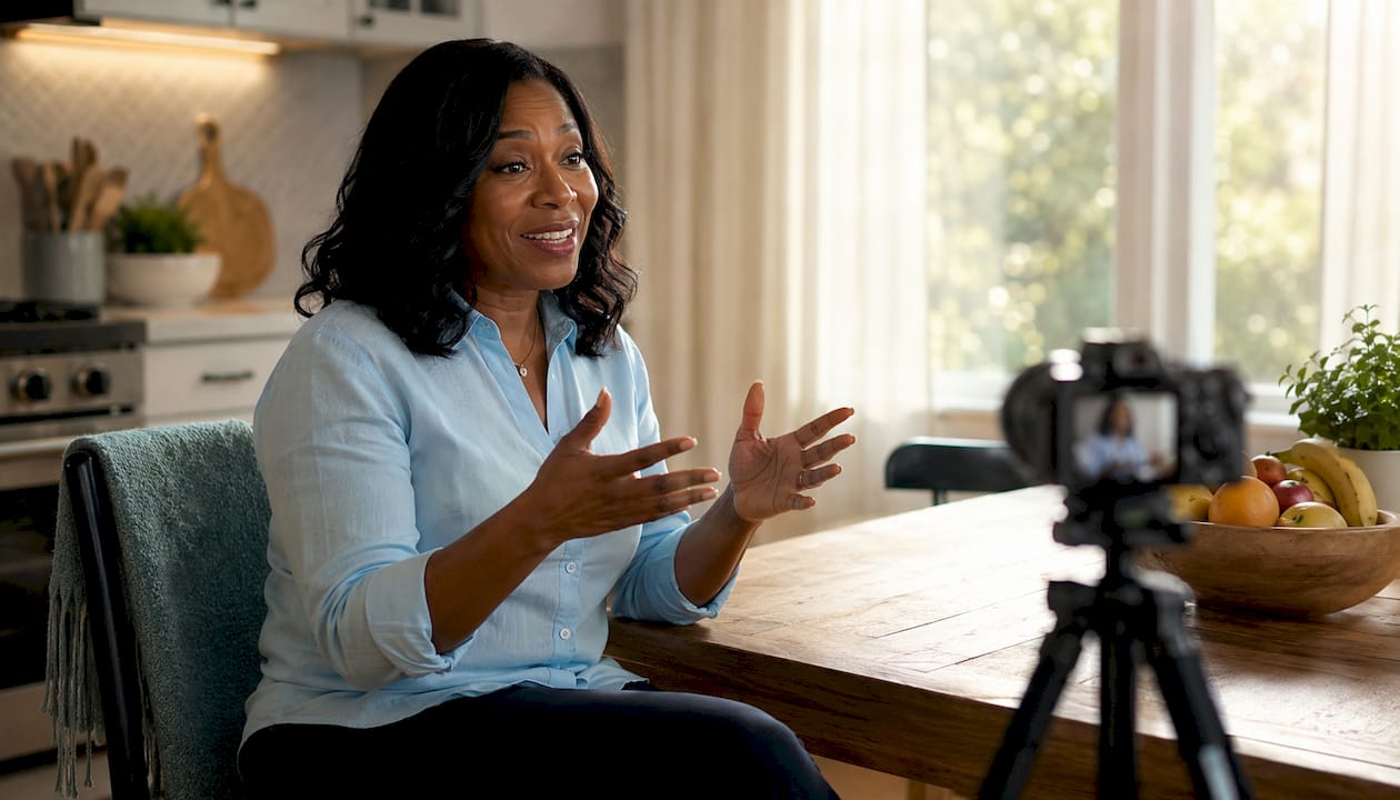 Patient giving testimonial on camera in living room