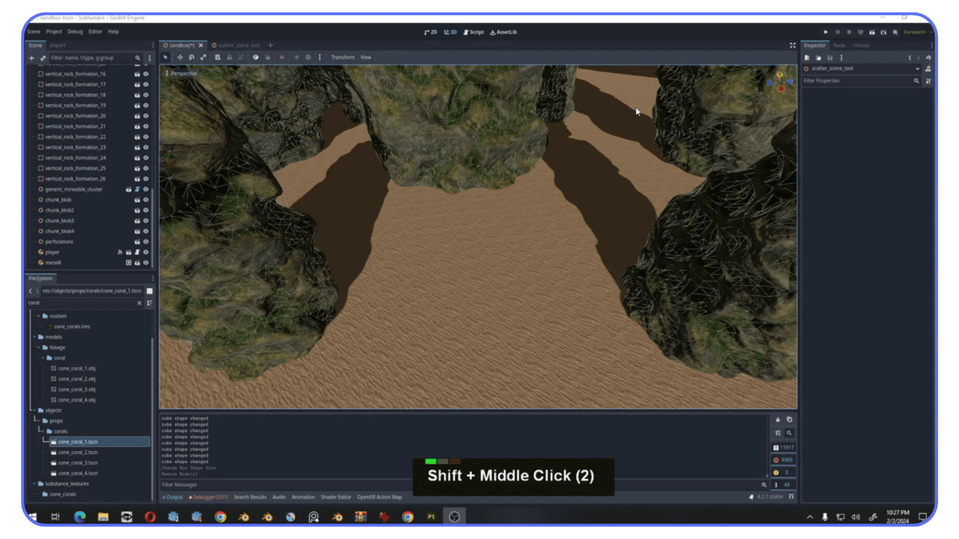 Godot editor window showing terrain sculpting tools being used to shape a rocky canyon area.