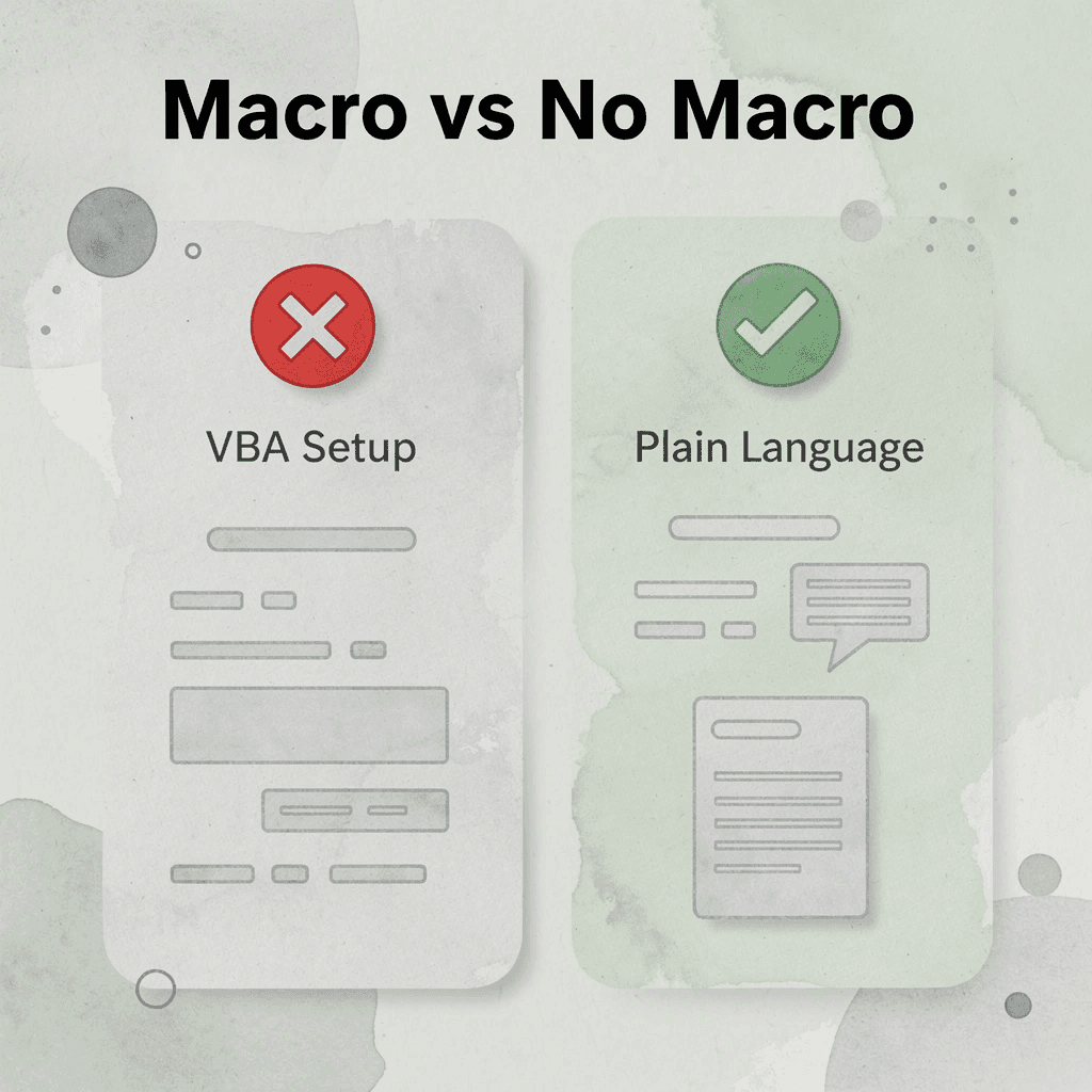 Before and after infographic comparing VBA macro setup to plain language AI approach