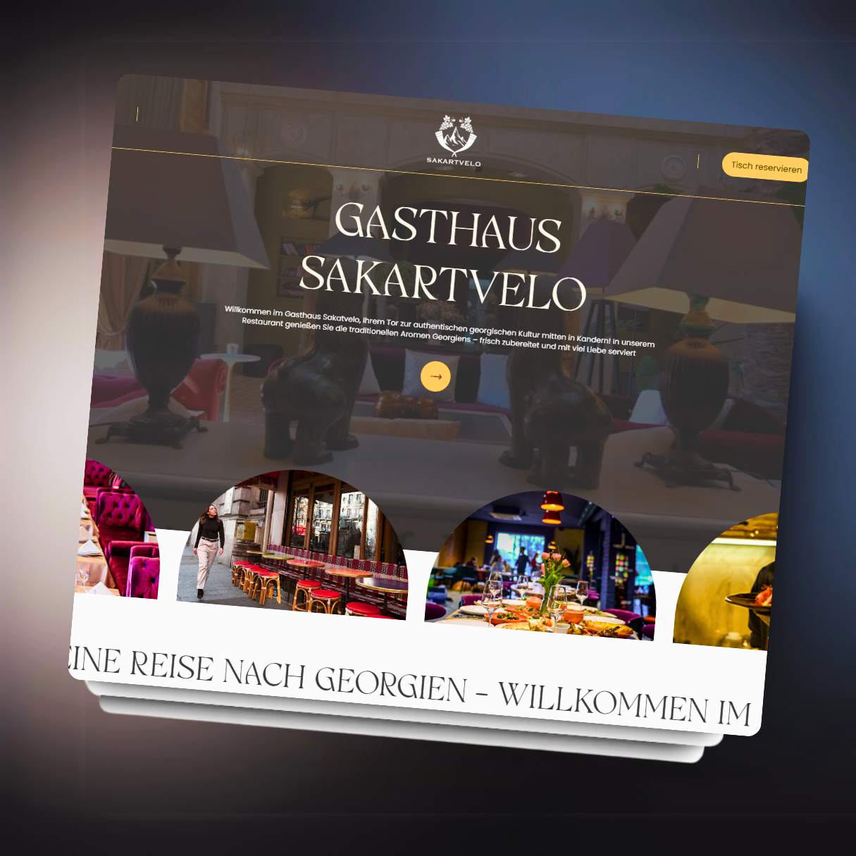 Abgeschlossenes Webdesign-Projekt für das Gasthaus Sakartvelo – stilvolle Website mit georgischem Flair, stimmungsvollen Bildern aus dem Restaurant, elegantem Schriftzug und Call-to-Action-Button ‚Tisch reservieren‘. Präsentation von Atmosphäre, Kultur und Kulinarik.
