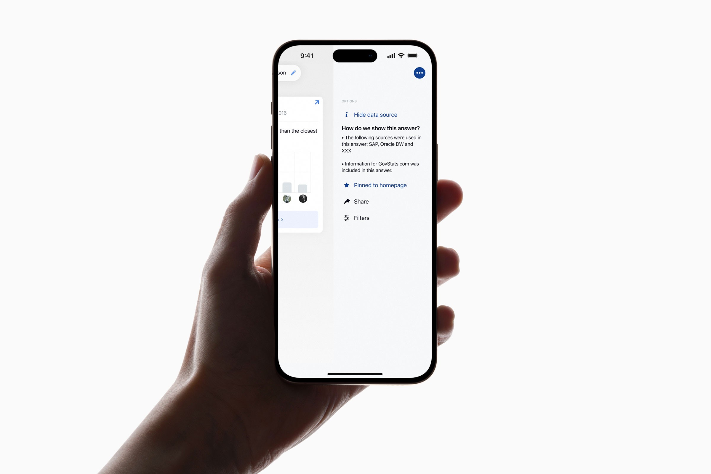 Person holding iPhone with a menu displayed on the screen. Phone is silhouetted against the white background.